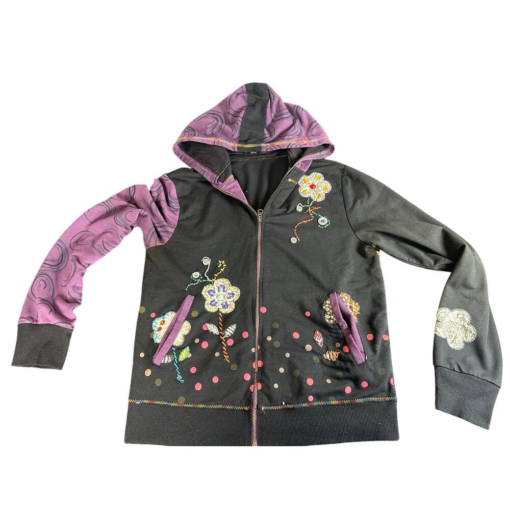 Black & Purple Floral Embroidered Zip Hoodie Jacket
